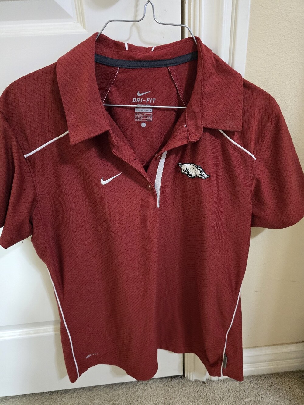 Nike Women's Razorback Polo with White Accents and Team Patch